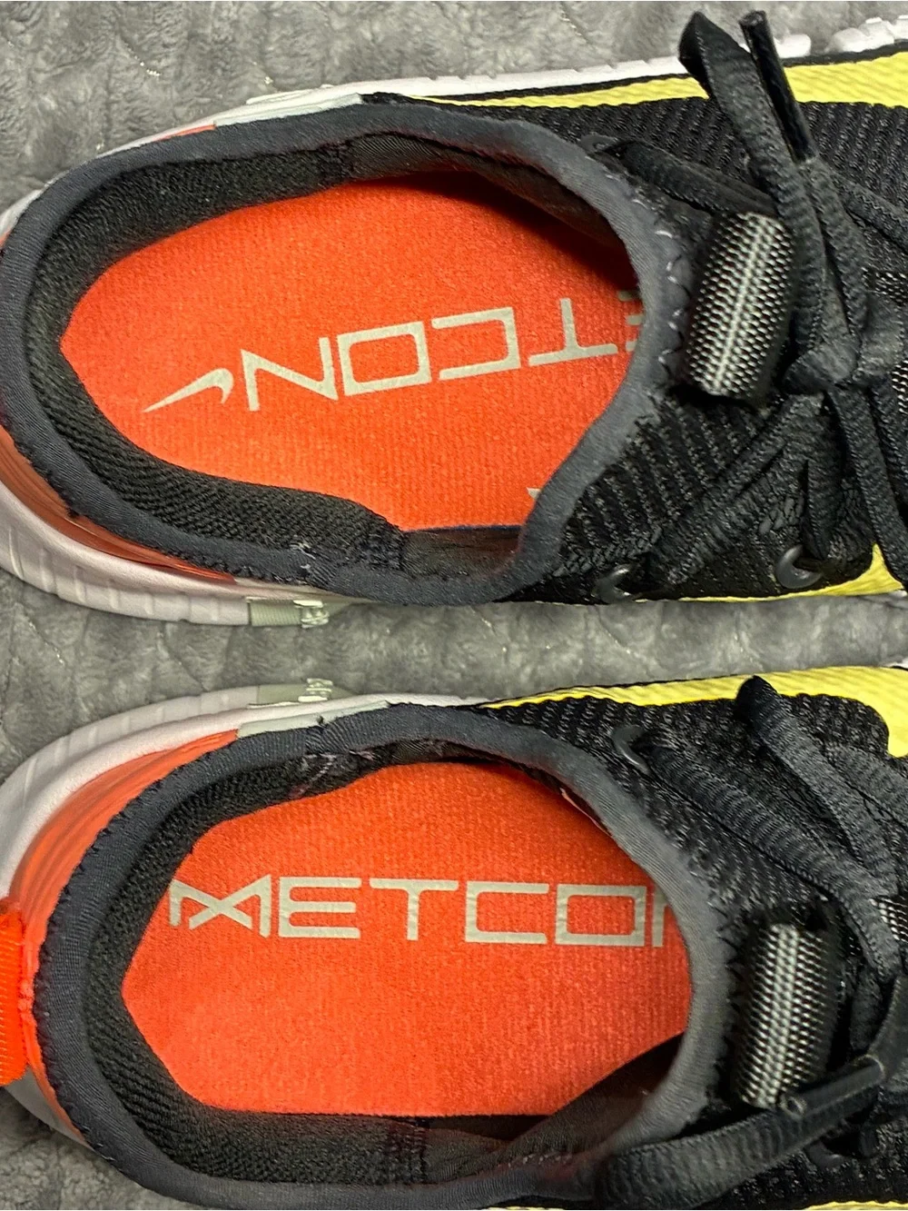 Nike Metcon Black Sneakers with Yellow Swoosh and Orange Heel woman’s size 8.5